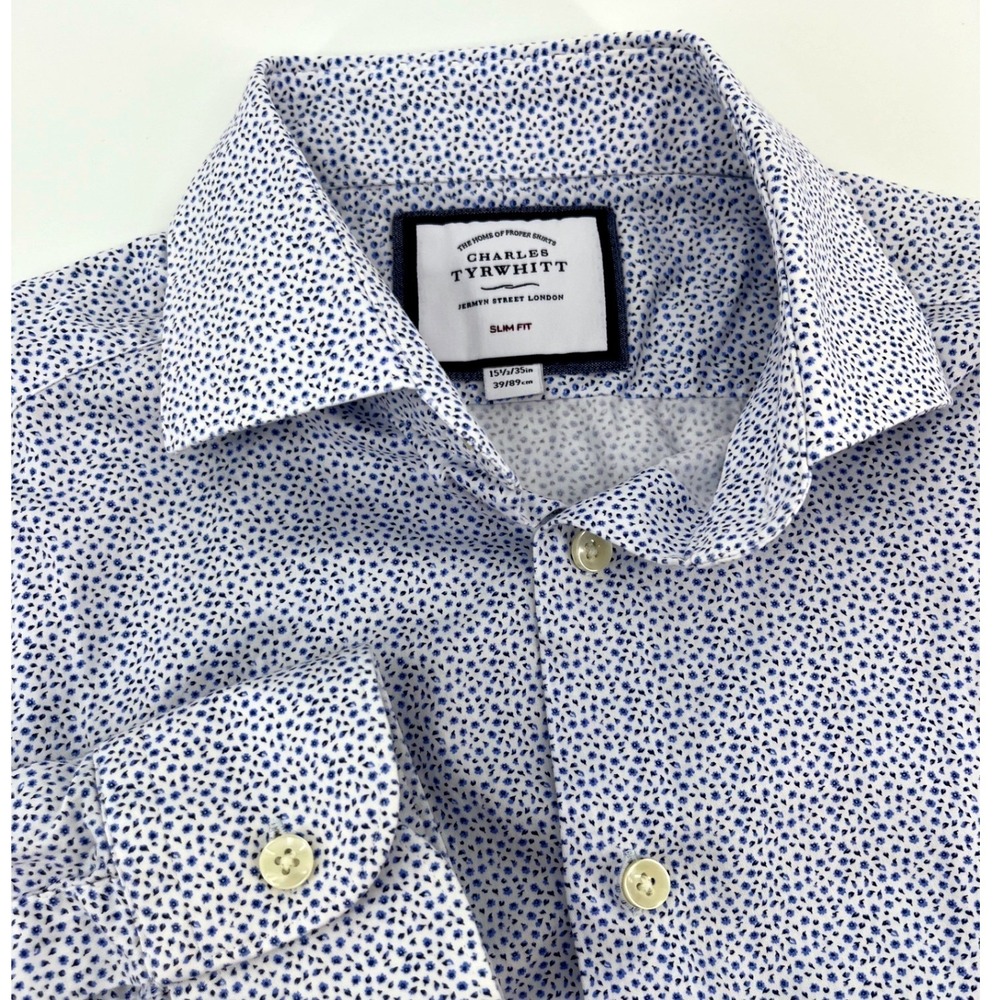 Charles Tyrwhitt Button Down Men 15.5/35 Blue Floral Slim Fit Shirt